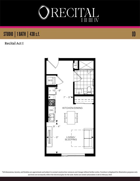 A floor plan for a studio apartment with a living/sleeping area and a kitchen/dining area.